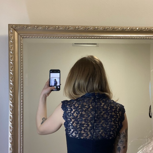 Le Chateau Navy Evening Dress with Lace/Nude Mesh Back - Picture 3 of 6